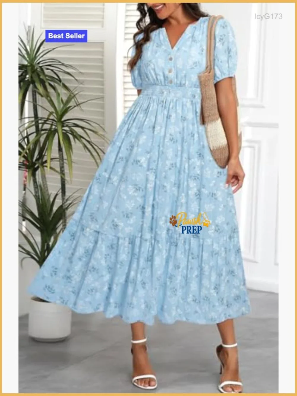 Cotton Midi Maxi Dress with Pockets, Puff Sleeves, V-Neck, Elastic Waist - Picture 2 of 7